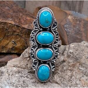 Southwestern White Water Turquoise Ring Size 6 Multi Stone Sterling Silver